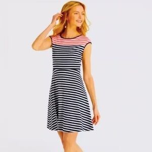 Draper James Blue White Coral Striped Ponte Knit Fit Flare Dress Medium Nautical